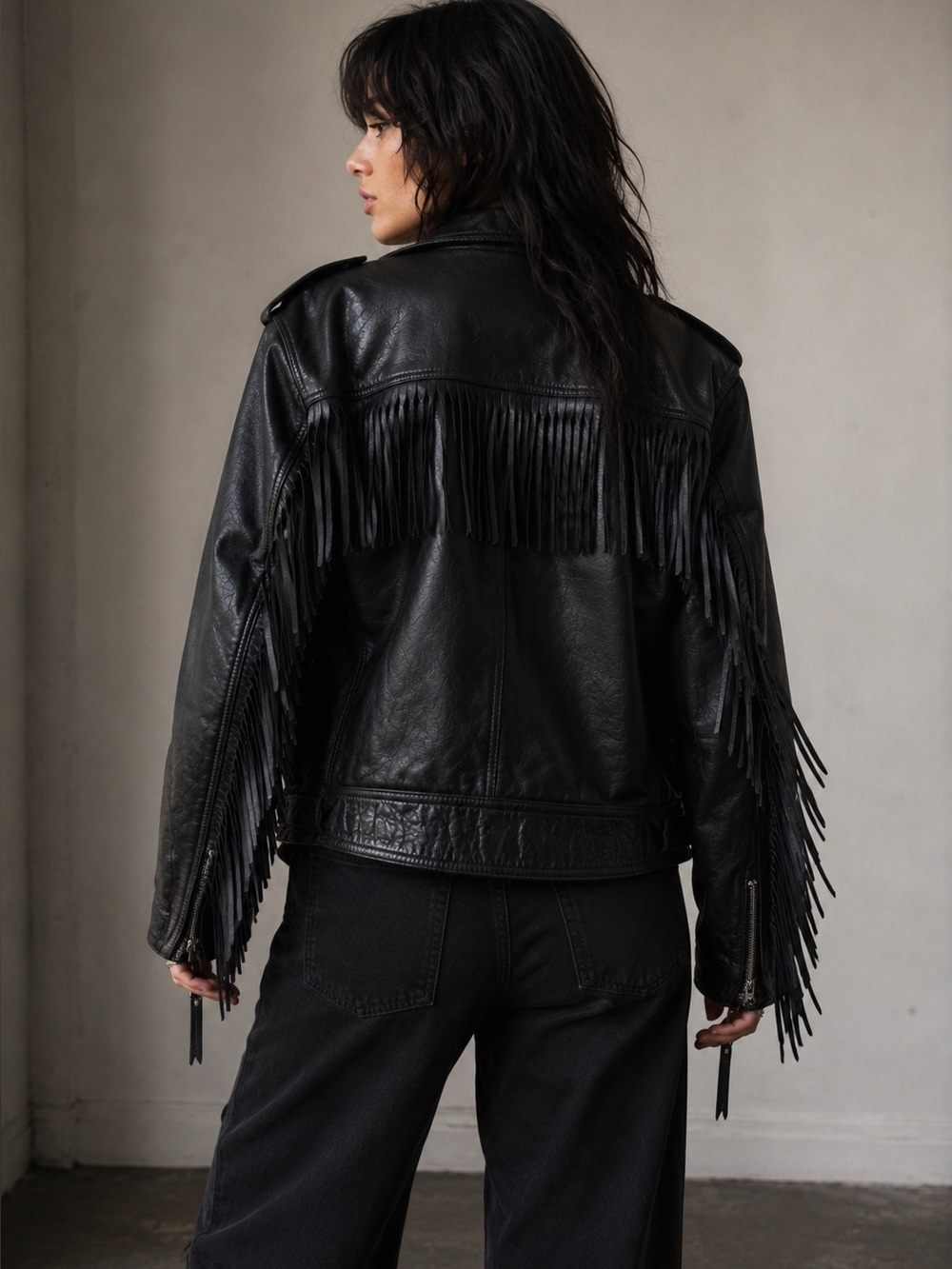 Vintage 80s Leather Fringe Jacket
Medium 22x27 Asymmetrical
Zipper Black - Picture 3 of 16